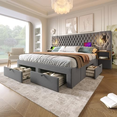 Yrxin Bettanlage Schlafzimmer Komplett Set, Polsterbett Doppelbett 180x200CM mit 2 Nachttischen und 4 Schubladen, Kopfteil Leselicht mit USB Ladefunktion, Samtstoff (Grau-Ohne Matratze)