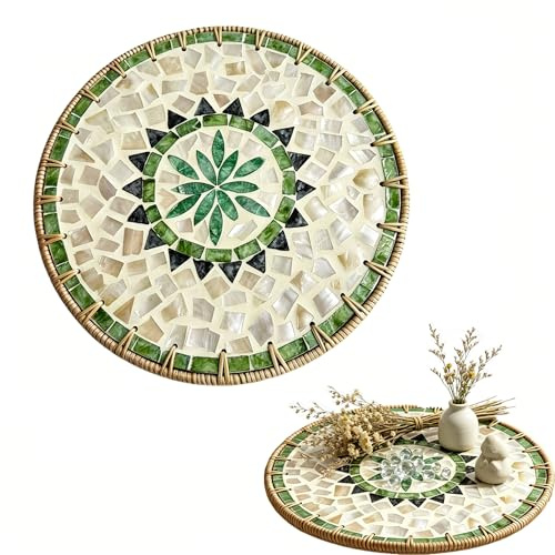 29 cm Vassoio Rotondo In Rattan, Vassoio Decorativo Moderno In Stile Bohémien, Vassoio In Vimini Con Conchiglie per Ristoranti, Salotti, Vassoio Decorativo Scrivania