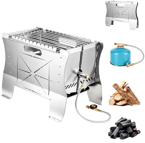Viugreum Barbacoa de Gas, Parrilla Plegable, Barbacoa de Mesa Portátil con Caja de Goteo, Bolsa de Almacenamiento- Ideal para Cocinar Al Aire Libre, Jardín, Compatible con Los Dos Modos: Gas y Carbón