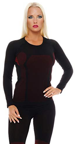 Cocain underwear 2 Stück Lange Damen-Unterhemden Skiunterhemden, Funktionsunterwäsche innen angeraut, Gr. L/XL schwarz/rot
