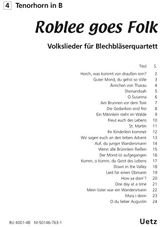 Roblee goes Folk. Volkslieder für 2. Tenorhorn in B im Blechbläserquartett