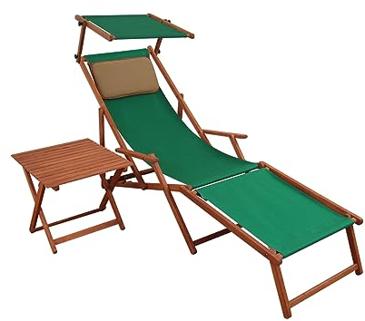 Erst-Holz Sonnenliege grün Liegestuhl Fußteil Sonnendach Tisch Kissen Gartenliege Deckchair 10-304FSTKD