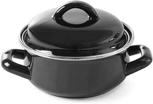 HENDI Cazuela con tapa, olla, para sopas y salsas, para cocinar y servir, sólo apta para cocinas de gas, 0.8L, ø140x(h)110mm, acabado esmaltado negro, reborde de acero inoxidable