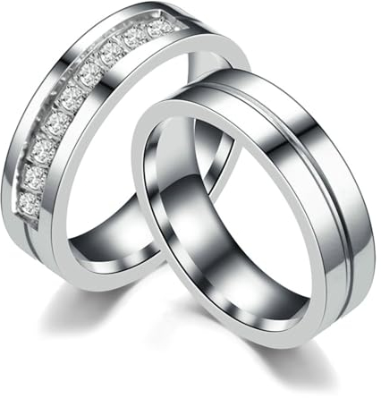 Bishilin Edelstahl Ringe Partner Set, Hochzeit Ringe Paar 6MM Hochglanzpoliert mit Zirkonia Partnerringe Nickelfrei für 2 Damen Gr.52 (16.6) & Herren Gr.60 (19.1)