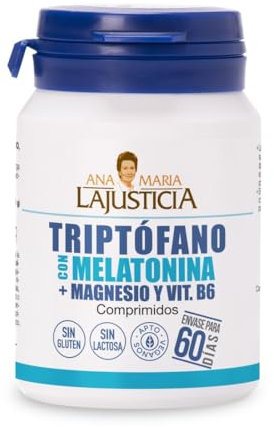 Ana Maria Lajusticia -Triptófano con melatonina + magnesio + VIT B6. Induce al sueño y mejora la calidad del sueño. Apto para veganos. 60 comprimidos