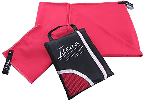 Iseaa 2er Set Mikrofaser Handtücher extrem saugfähig antibakteriell leicht Sporthandtuch Badetuch Saunatuch Strandtuch Yoga Tuch Microfaser Handtuch 200x100cm + 30x50cm Pink