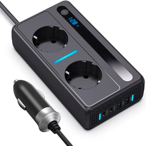 NODELINK Cargador para Coche 6 en 1 12V a 220V 300W - Inversor Multifunción con 2 Enchufes AC, 2 USB‑A y 2 USB‑C PD