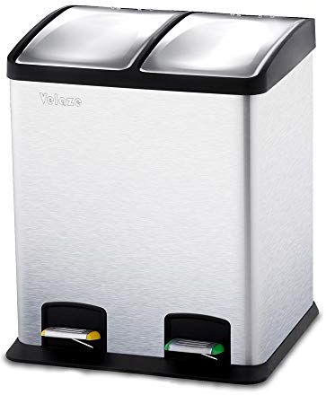 Velaze Mülleimer Küche, 2 Fächer, 2 x 12 L Mülltrennsystem, Abfalleimer aus hochwertigem Edelstahl, Treteimer mit Deckel und Fußpedalen, Absenkautomatik, Inneneimer aus Kunststoff