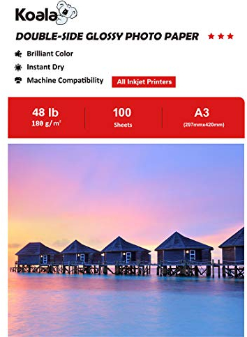 Koala Fotopapier für Tintenstrahldrucker, Doppelseitig, Glänzend, A3, 180 g/m², 100 Blatt. Geeignet zum Drucken von Fotos, Zertifikaten, Broschüren, Flyern, Faltblättern, Grußkarten, Kalendern, Kunst