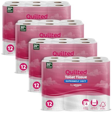 by Amazon Toilet Roll, 4-ply Quilted, Supremely Soft, 48 Rolls (4 Packs of 12), 160 Sheets per Roll, FSC Certified