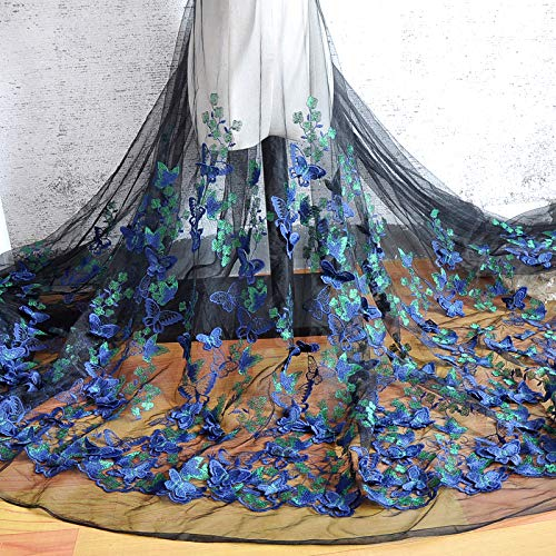 129,5 cm Breite 3D Schmetterling Blumen Bestickte Tüll Spitze Stoff Netzstoff von The Yard für DIY handgemachte Kleidung Hochzeit Kleid Home Decor (3 Yard, Schwarz Blau)