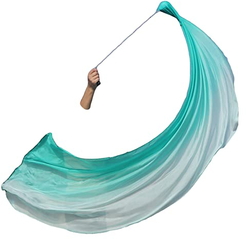 Winged Sirenny 1 Stück 180cm Echte Seide Bauchtanz Seidenschleier Poi Bälle mit Tuch, Jonglierset Schleier VOI(Peacock Green Fading)