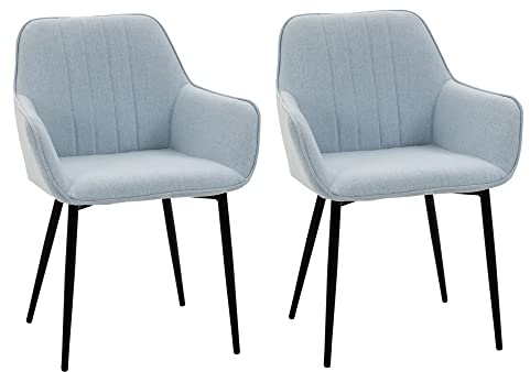 HOMCOM Pack de 2 Sillas de Comedor Sillas Decorativas Tapizadas en Lino Sillas de Cocina con Respaldo Reposabrazos y Patas de Metal para Salón 59,5x56,5x81 cm Azul