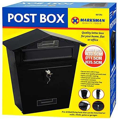 MARKSMAN LARGE POST BOX Mail Classic Letter Holder Steel Lockable Weatherproof Heavy Duty Outdoor Wall Mounted For Home, Flat Or Office + 2 Keys RED, GREY, BLACK UK FREE P&P (Black)