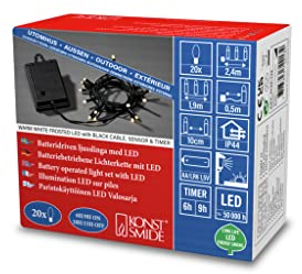 Konstsmide LED Lichterkette, mit an/aus Schalter, mit Lichtsensor und 6h und 9h Timer, gefrostet, 20 warm weiße Dioden, batteriebetrieben, Außen (IP44), schwarzes Kabel - 3722-130