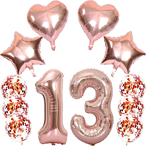 Feelairy Luftballons Zahl 13 Rosegold Folienballon Nummer 13, Helium Ballons Herz Sterne Roségold, Ballons Konfetti Rosegold, Zahlenballon 13 für Geburtstag Mädchen Party Deko