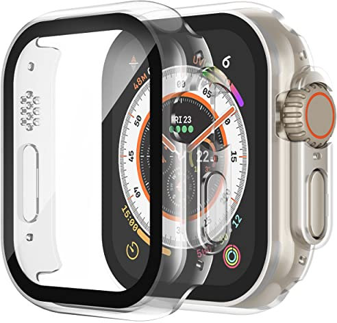 Recata 2 Pièces Coque avec Verre Trempé Compatible avec Apple Watch Ultra 2 (2023)/Ultra 49mm, Protection Anti-Rayures Polyvalente Fine avec Protection d'écran et Boutons pour iWatch, Transparent