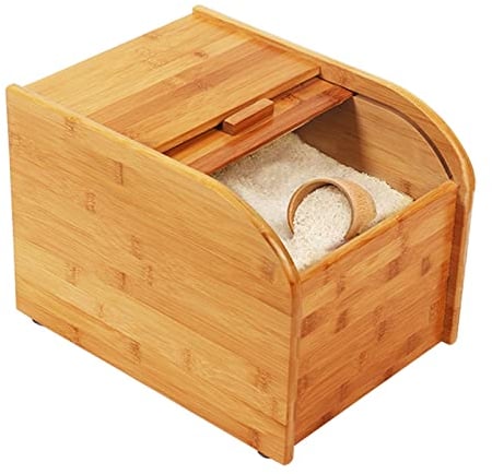 Wooden Rice Container Storage Rice Dispenser Rice Storage Containers with Sliding Lid and Measuring Cup ,Large Wooden Cereal Dispenser Bamboo Rice Dispenser for Dry Food in Home and Kitchen (Capacity: