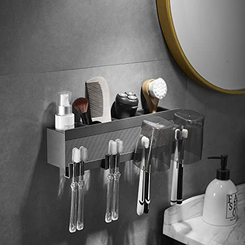 Leekayer Badezimmer Zahnbürstenhalter schwarz, Raum Aluminium, 4-Slot, Zahnschalenhalter, Ecke Aufbewahrungsbox, Bohrfrei, Selbstklebende Installation