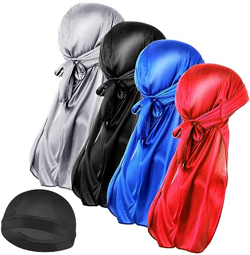 WLLHYF Seide Männer Durag, Piratenhut-Set Ultraweiche Wellenkappe Satin Extra lange (Schwarz + Blau + Silber + Rot + runde Kappe) Einheitsgröße