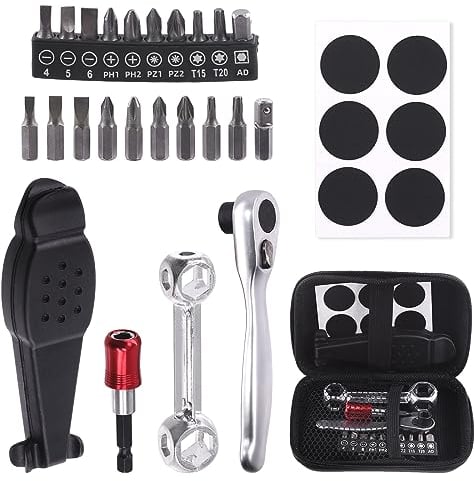 Swpeet 21Pcs Bike Repair Tool Kit Set, Bicycle Multi-Tool Kit, Portable Patch Repair Kit, Includes Tire Lever, Ratchet Wrench, Bone Wrench, Magnetic Bit Extender, Sticky Patches, Screw Head Bits