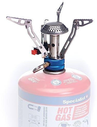 Specialist+ Stabiler Mini Campingkocher auf dem Boden - Gaskocher Outdoor 7/16 - Camping Gaskocher mit automatischer Zündung und Flammenregler - aus Edelstahl - Leistung 4800 W - Gasverbrauch 3 g/min