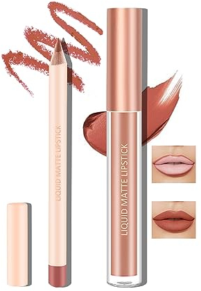 Boobeen Liquid Matte Lipstick and Lipstick Set, Nude Red Lip Makeup Longwear Waterproof Lip Liner Pens & Velvet Lip Stain Lip Gloss Smooth Matte Lip Colour Make Up Gift Set (#07)