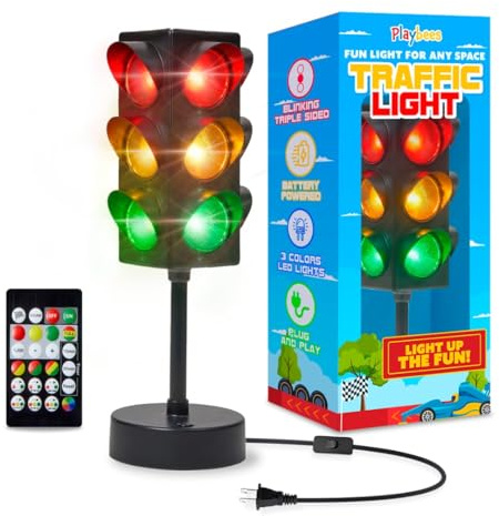 Traffic Light Lamp 11 Inch with Remote, 3-Sided Color Changing Modes | LED Stop Light, 8 Blinking Modes, Kids Bedroom Decor, USB-C and Battery Powered, Stoplight Classroom, Traffic Light Decor Toy