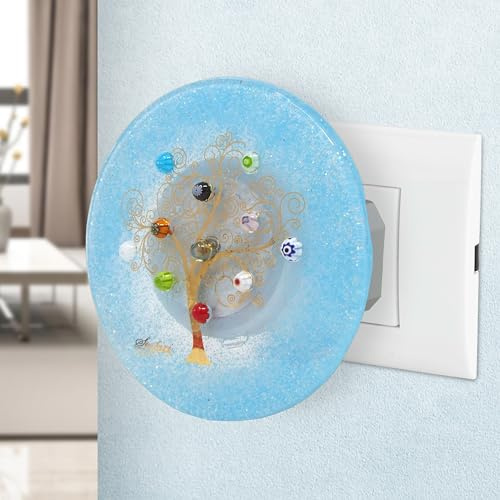 SOSPIRI VENEZIA Luce Notturna Bambini in Vetro di Murano, Sensore Intelligente a Presa, Decorazione per Casa Camera Letto, Luci Led Illuminazione Parete Scale, Idea Regalo.(Albero della Vita, Azzurra)