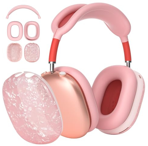 AHBTEYM Schutzhülle für AirPods Max-Kopfhörer, rosa Perlenstruktur, TPU-Ohrmuscheln, Ohrpolster, Kopfband, Silikon-Abdeckung, kompatibel mit Apple-AirPod-Max-Zubehör, Schutz (rosa Schale)
