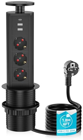 3 Fach Versenkbare Tischsteckdose USB C 20W, Airmom Versenkbare Steckdose Küche mit 3 USB, 1,8m Kable, Schwarz