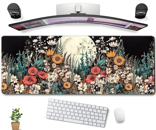 Cute Watercolor Floral Desk Mat - Daisy Full Moon Anime Gaming Mouse Pad, XL Large Extended 80x30cm, Aesthetic for Women, Office Decor