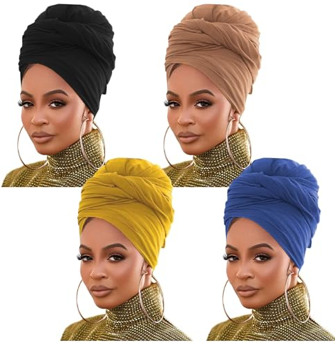 Stretch-Jersey-Turban-Kopfwickel, gestrickt, Kopfwickel, städtischer Haarschal, einfarbig, ultraweich, extra lang, atmungsaktives Kopfband für Frauen (Schwarz/Kamel/Kurkuma/Blau)