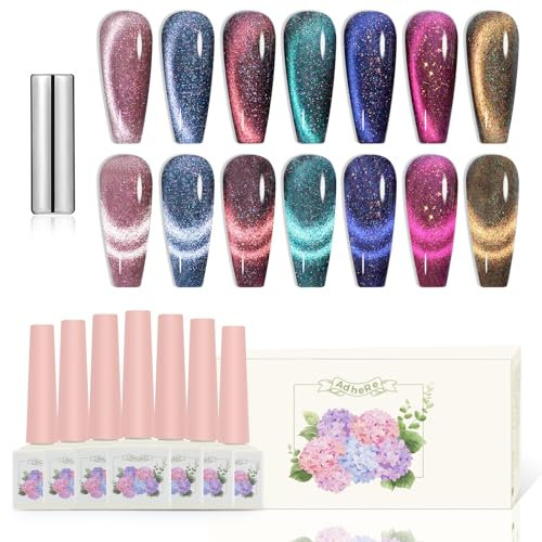 Adhere 7pcs 12ml Magnetic Cat Eye Nail Gel Polish Set with Magnetic Stick- Pink Blue Purple Brown Glitter Phantom Magnetic Gel Nail Varnish Soak Off UV Gel Nail Polish