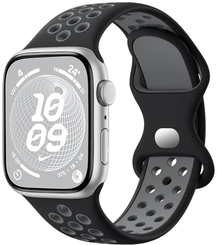 CeMiKa Sport Straps Compatible with Apple Watch Strap 38mm 40mm 41mm 42mm for Women Men, Silicone Breathable Wristband for iWatch Series 10 9 8 7 6 5 4 3 2 1 SE, Black/Grey
