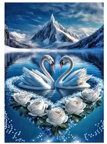 SHEGZHUC 40x50cm Diamond Painting Eckige Steine Schwan Rosen Herz Blumen Diamond Painting Schwanenpärchen Meer Landschaft Bergsee Blau Diamant Malerei Stickerei Kreuzstich Geschenk Wanddekoration