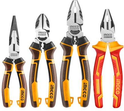 INGCO 4Pcs Pliers Set, 8 High Leverage Combination Pliers, 6 High Leverage Diagonal Cutting Plier, 6 High Leverage Long Nose Plier, 7 Insulated 1000V Combination HKPS28458