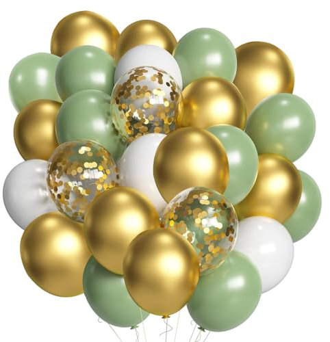 Luftballons Hochzeit,12 Zoll Olive Salbei Grün Gold Weiß Helium Latex LuftBallons,Ballons mit Gold Konfetti für Partys Dekoration-60 Stück