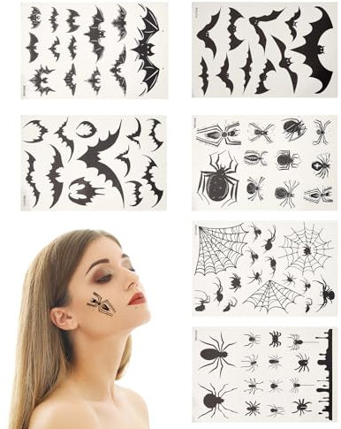 NICENEEDED 6 feuille D'Autocollants de Tatouages pour le Visage D'Halloween Autocollant de Tatouages Auto Adhésifs pour le Visage avec des Chauves Souris Conception D'Araignée