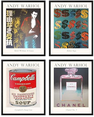 Set mit 4 gerahmten Andy Warhol Pop-Art-Drucken, 30,5 x 40,6 cm, Wandkunst-Poster für Badezimmer, Wohnzimmer, Schlafzimmer, Wanddekoration – berühmte Gemälde Bilder
