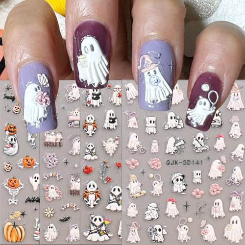 JMEOWIO 3D Embossed Halloween Nail Art Stickers Decals Self-Adhesive 5D Cute Ghost Pink Butterfly Nail Supplies Nail Art Design Decoration Accessories 4 Sheets