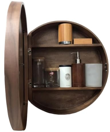 MollyYou 50cm Round Bathroom Mirror Cabinet, Brown Wooden Finish, 2-Shelf, Wall Mounted, Rustic Style