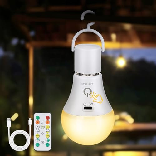 Kimjo Wiederaufladbare Glühbirne mit Batterie - Aufladbare Glühbirne mit Fernbedienung E27 7W - Akku Glühbirne USB 3 Farben Dimmbare - Touch Control Outdoor Notlicht