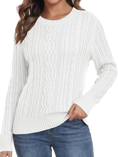 QIXING Womens Jumper Fisherman Cable Knit Long Sleeve Winter Tops for Women UK Ladies Pullover(White, XL)