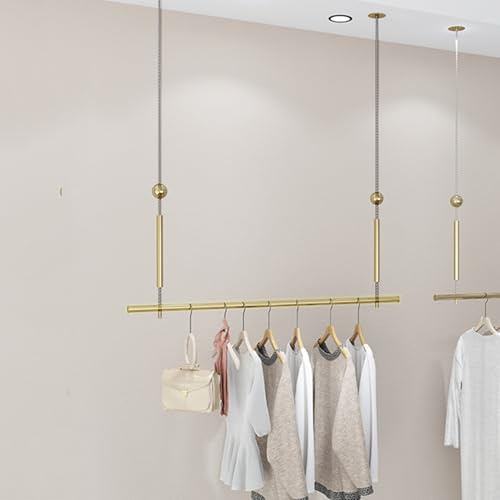 Kleiderstange Garderobenhalter Decken-Kleiderstange für die Montage an der Decke Für Flur, Garderobe, Schlafzimmer, Kleiderständer Hängegarderobe höhenverstellbar Deckenmontage Kleiderbügel(Gold,150cm