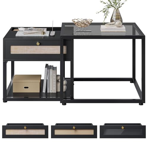 Mesa de Centro, Juego de 2 Mesa Centro Salon, con Cajones, 2 Paneles de Cajón, Bricolaje, Cristal, Estructura de Metal, para Salón, Balcón, Negro