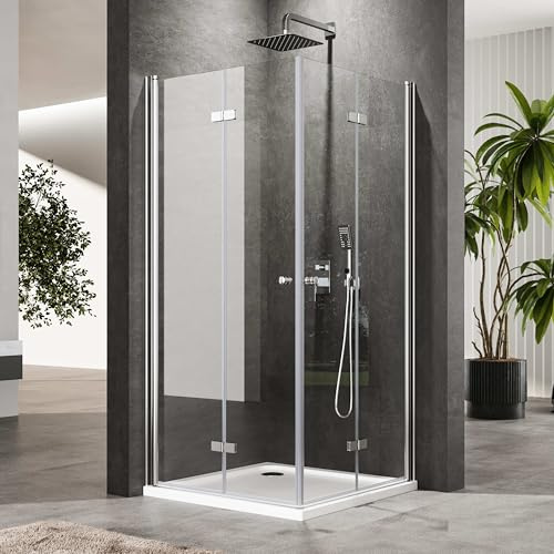 Duschkabine Eckeinstieg 90x100x185cm Doppel-Falttür Duschabtrennung | 6mm Sicherheitsglas | Doppelte Falttüren | 180° Faltbar | Hebe-Senk-Mechanismus | Platzsparend | Leichte Reinigung