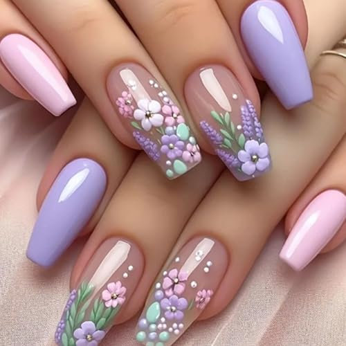 24Pcs 3D Handmade French False Nails, Medium Coffin Press on Nails, Pink Purple Flowers Full Cover Acrylic Stick on Nails in 12 Sizes, Removable Manicure Kit for Women Girls Daily Wear