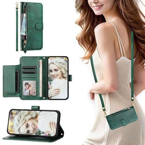 SEHEYA Handyhülle für Samsung Galaxy A52 4G / 5G / A52S 5G Klapphülle Vintage mit Reißverschluss Handytasche zum Umhängen PU Leder Klappbar Geldbörse Trageband Schutzhülle, Grün