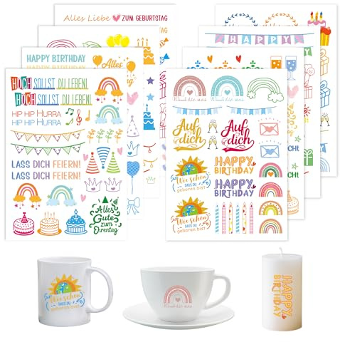 BIROYAL Rub On Sticker Geburtstag, 8 Stück Rub On Aufkleber (210+ Muster, 24x17cm), Rub On Folie Transferaufkleber, Rub On Happy Birthday, für Möbel, Glas, Holz, Scrapbooking, DIY Basteln Deko